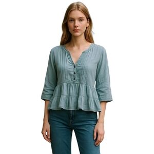 Anthropolgie 100% Cotton Baby Blue Button-Down Ruffle Top XXS Preowned